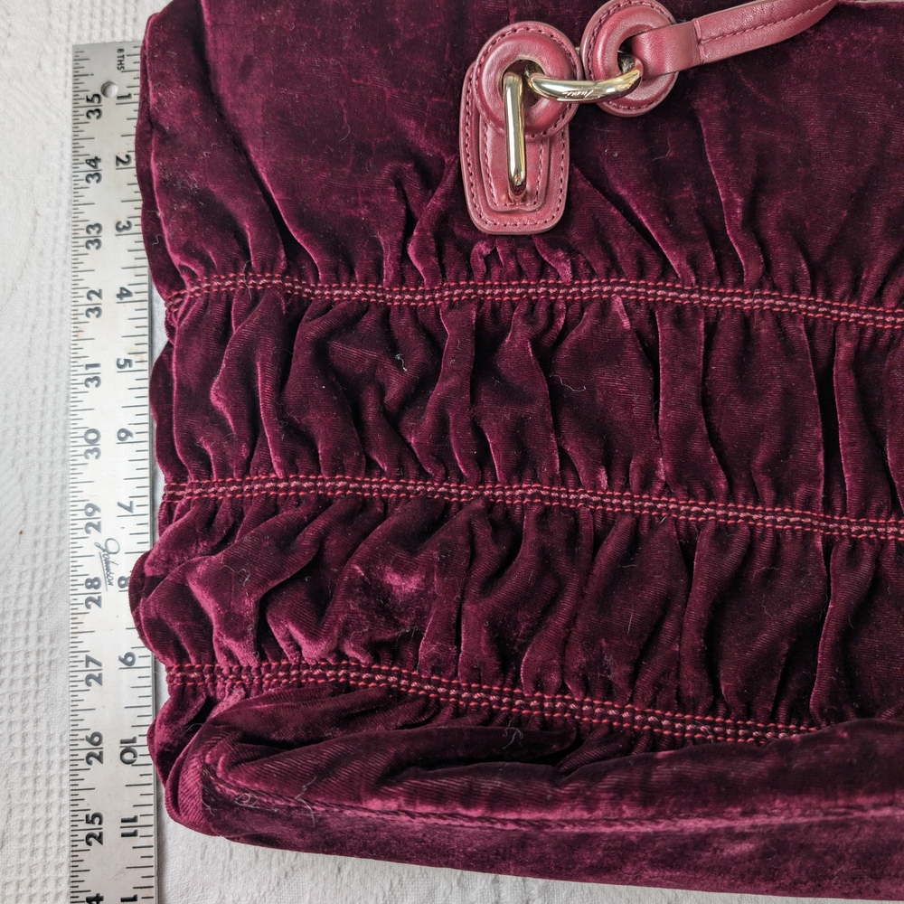 Tumi Velvet Tote Bag in Deep Burgundy with Brown Leather and Gold Hardware - Picture 11 of 13